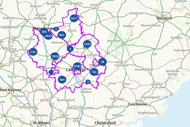 Cambridgeshire county council report map for road works